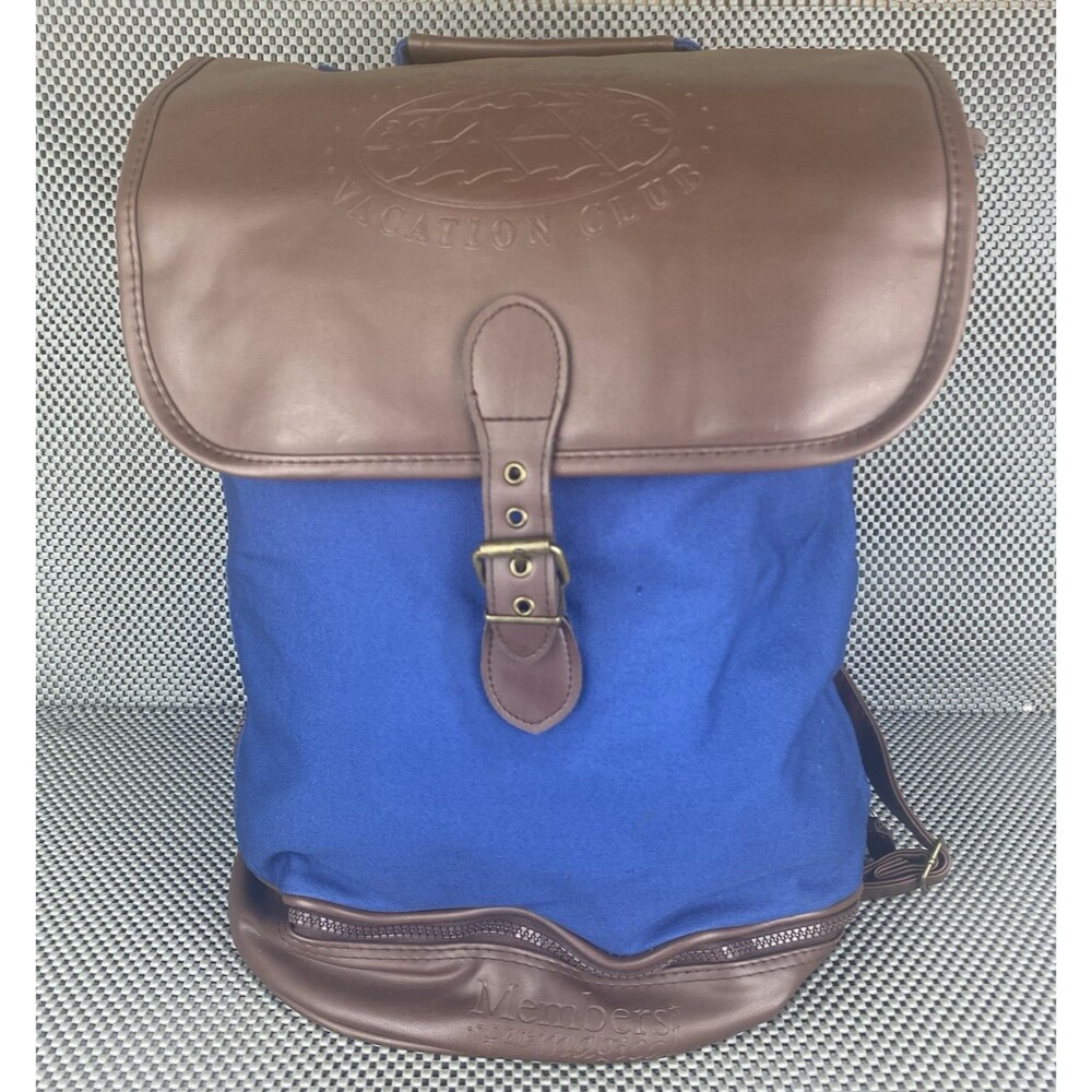 Disney Vacation Club Backpack Blue Brown Faux Leather Canvas Zipper Outdoor Bag